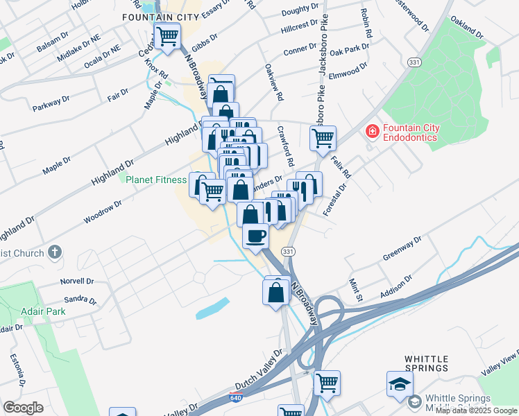 map of restaurants, bars, coffee shops, grocery stores, and more near 133 Adair Drive in Knoxville