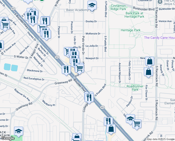 map of restaurants, bars, coffee shops, grocery stores, and more near 403 Woodridge Drive in Henderson