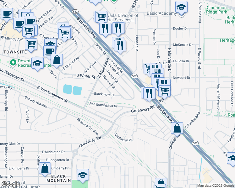 map of restaurants, bars, coffee shops, grocery stores, and more near 649 Blackmore Drive in Henderson
