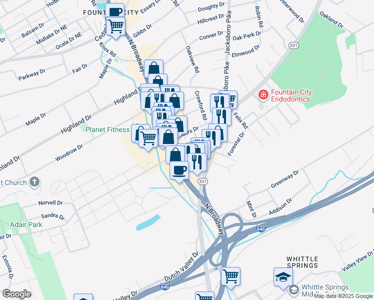 map of restaurants, bars, coffee shops, grocery stores, and more near 106 Adair Drive in Knoxville
