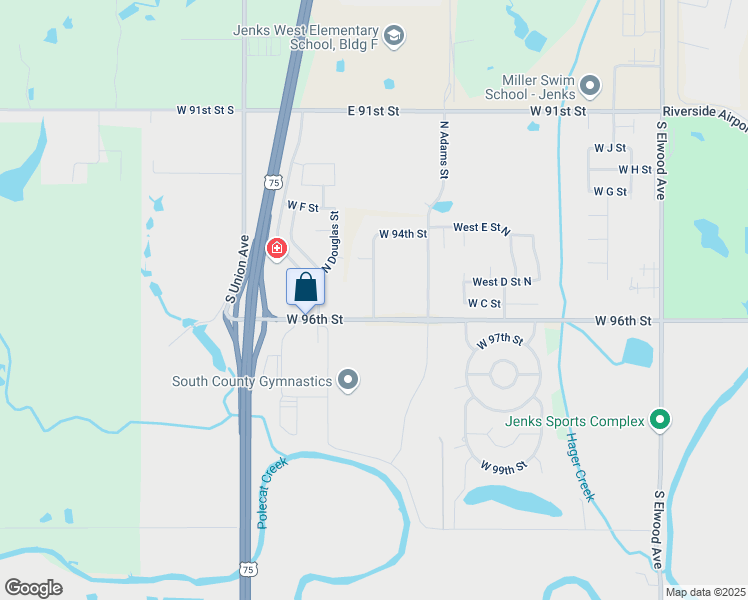 map of restaurants, bars, coffee shops, grocery stores, and more near 9545 South Cleveland Street in Jenks