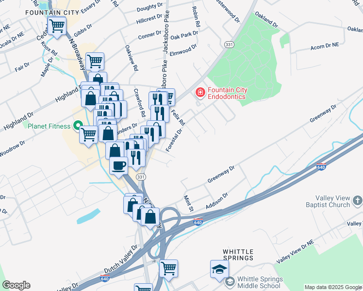 map of restaurants, bars, coffee shops, grocery stores, and more near 322 Forestal Drive in Knoxville