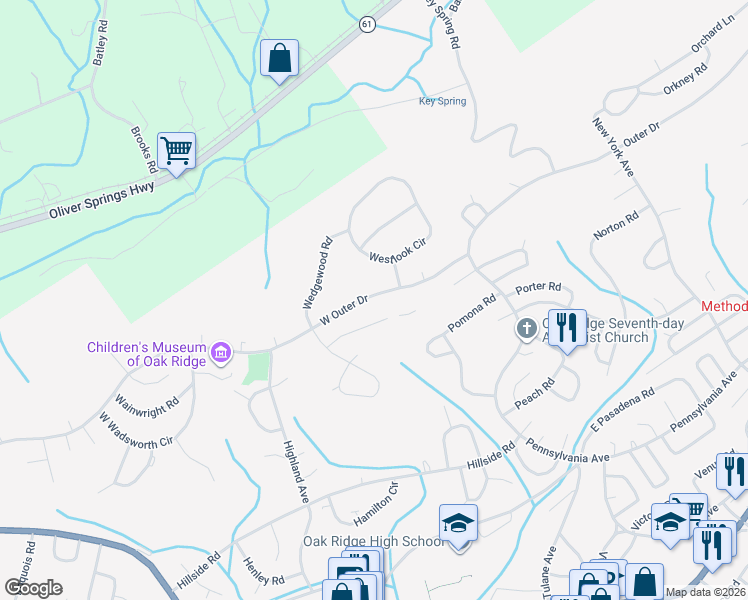 map of restaurants, bars, coffee shops, grocery stores, and more near 359 West Outer Drive in Oak Ridge