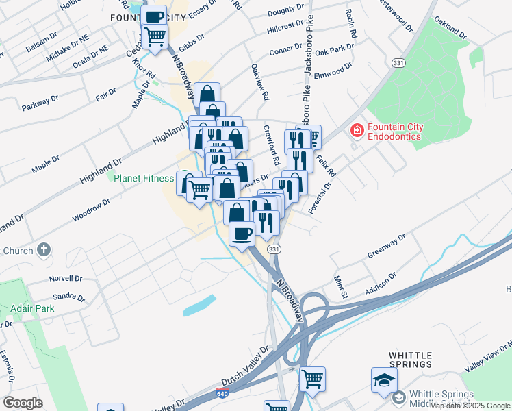 map of restaurants, bars, coffee shops, grocery stores, and more near 108 Adair Drive in Knoxville