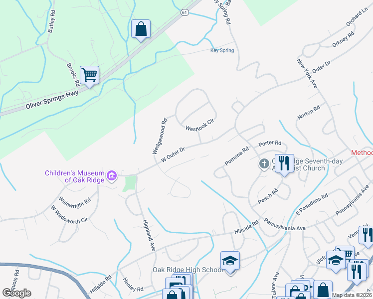 map of restaurants, bars, coffee shops, grocery stores, and more near 359 West Outer Drive in Oak Ridge