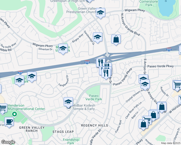map of restaurants, bars, coffee shops, grocery stores, and more near 143 Pebble Ridge Road in Henderson