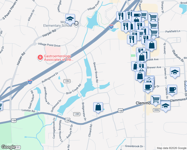 map of restaurants, bars, coffee shops, grocery stores, and more near 4056 Beaver Brook Road in Clemmons