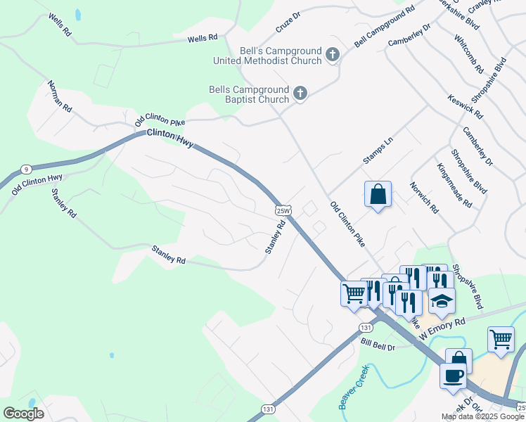 map of restaurants, bars, coffee shops, grocery stores, and more near 7822 Clinton Highway in Powell