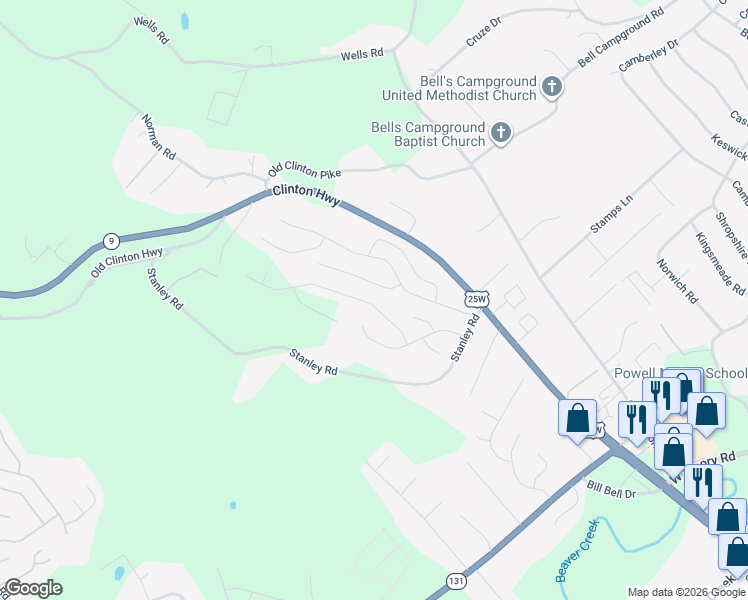 map of restaurants, bars, coffee shops, grocery stores, and more near 7926 Mill Park Lane in Powell
