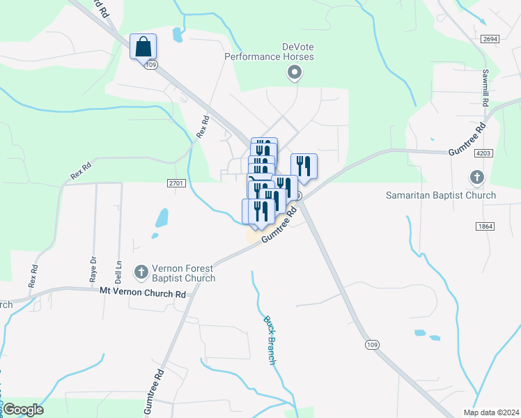 map of restaurants, bars, coffee shops, grocery stores, and more near 10478 North Carolina 109 in Winston-Salem