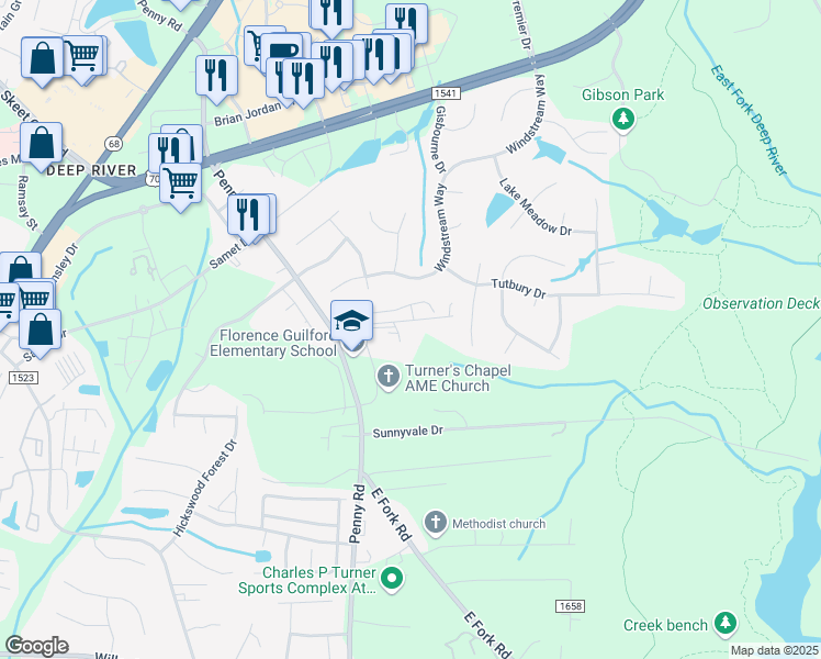 map of restaurants, bars, coffee shops, grocery stores, and more near 7613 Horney Road in High Point