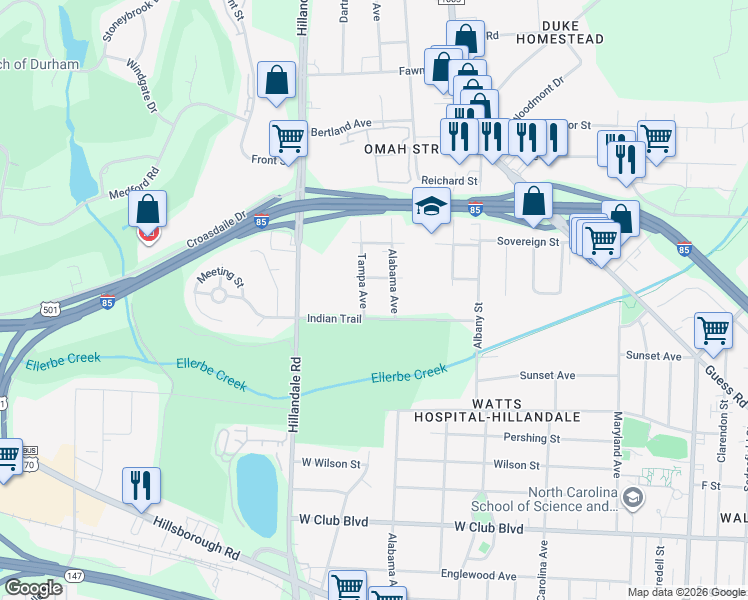 map of restaurants, bars, coffee shops, grocery stores, and more near 2210 Tampa Avenue in Durham