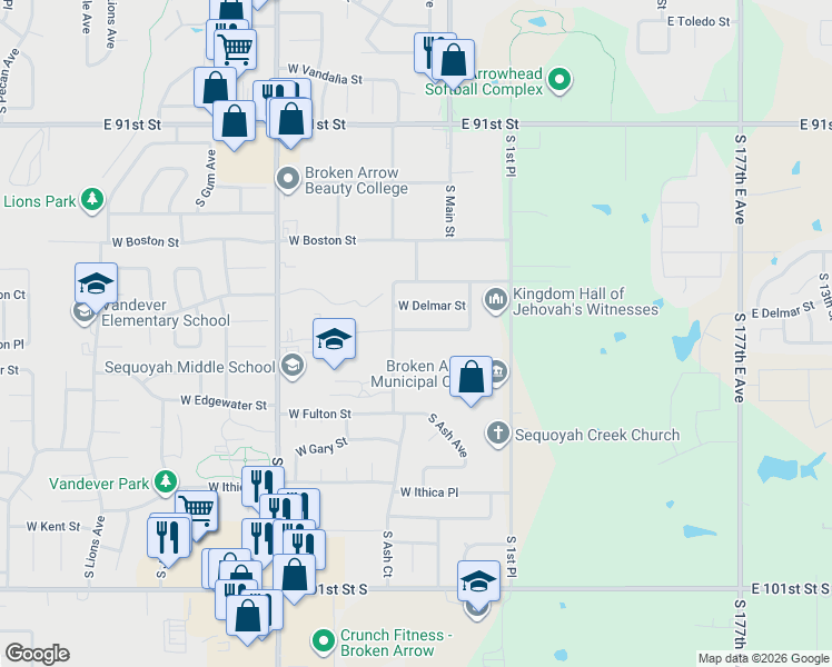 map of restaurants, bars, coffee shops, grocery stores, and more near 205 West Edgewater Street in Broken Arrow