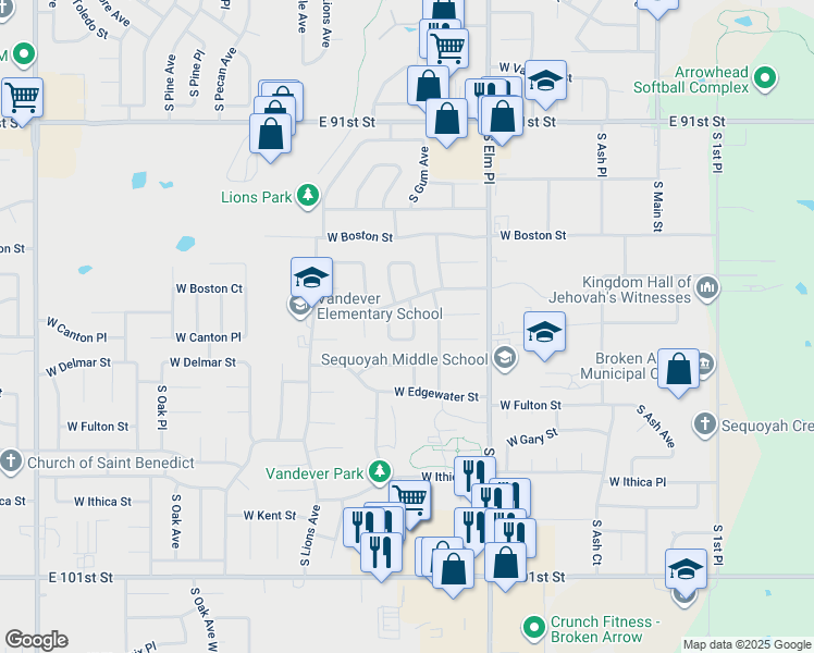 map of restaurants, bars, coffee shops, grocery stores, and more near 2314 South Hickory Place in Broken Arrow