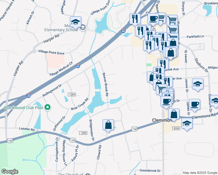 map of restaurants, bars, coffee shops, grocery stores, and more near 4057 Beaver Brook Road in Clemmons