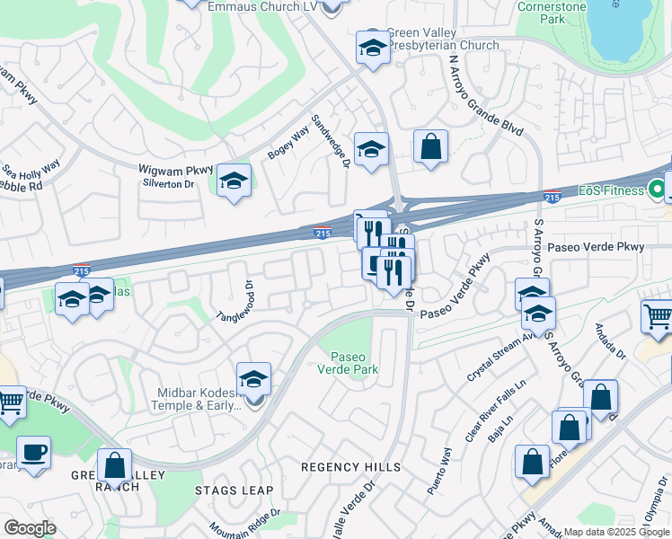 map of restaurants, bars, coffee shops, grocery stores, and more near 143 Pebble Ridge Road in Henderson