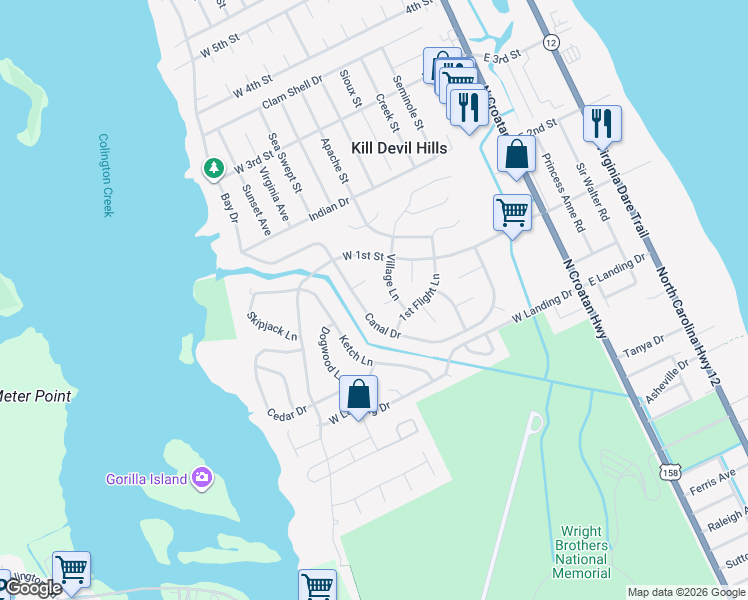map of restaurants, bars, coffee shops, grocery stores, and more near 1514 Village Lane in Kill Devil Hills