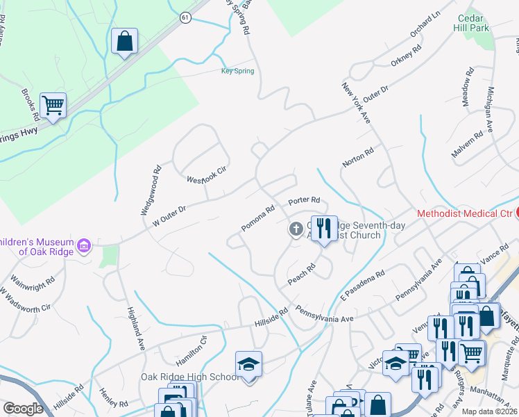 map of restaurants, bars, coffee shops, grocery stores, and more near 104 Pomona Rd in Oak Ridge
