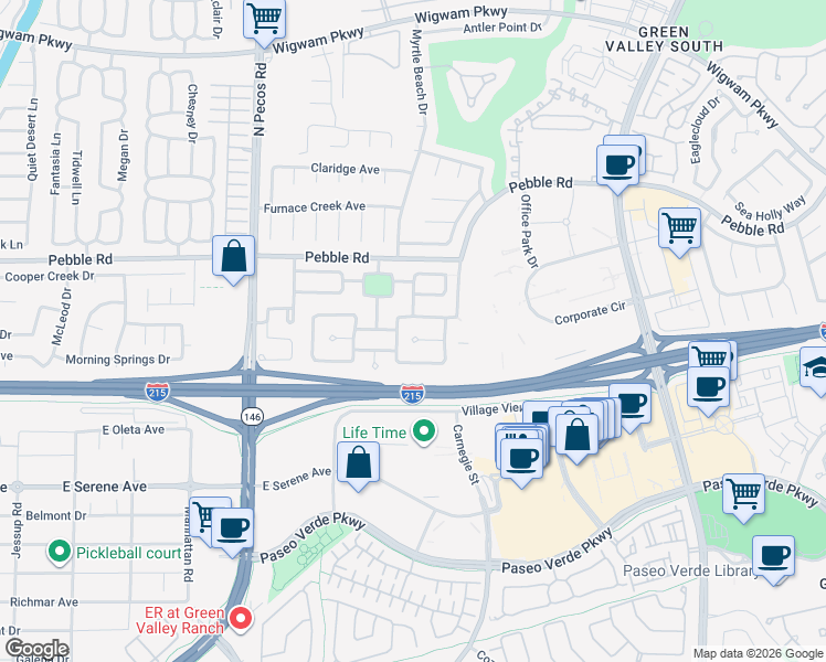 map of restaurants, bars, coffee shops, grocery stores, and more near 2420 Pebble Springs Court in Henderson