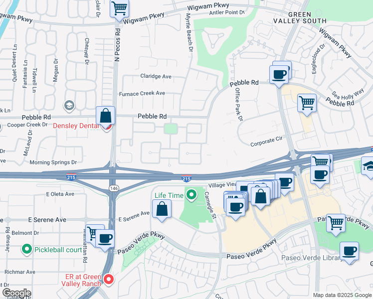 map of restaurants, bars, coffee shops, grocery stores, and more near 2420 Pebble Springs Court in Henderson