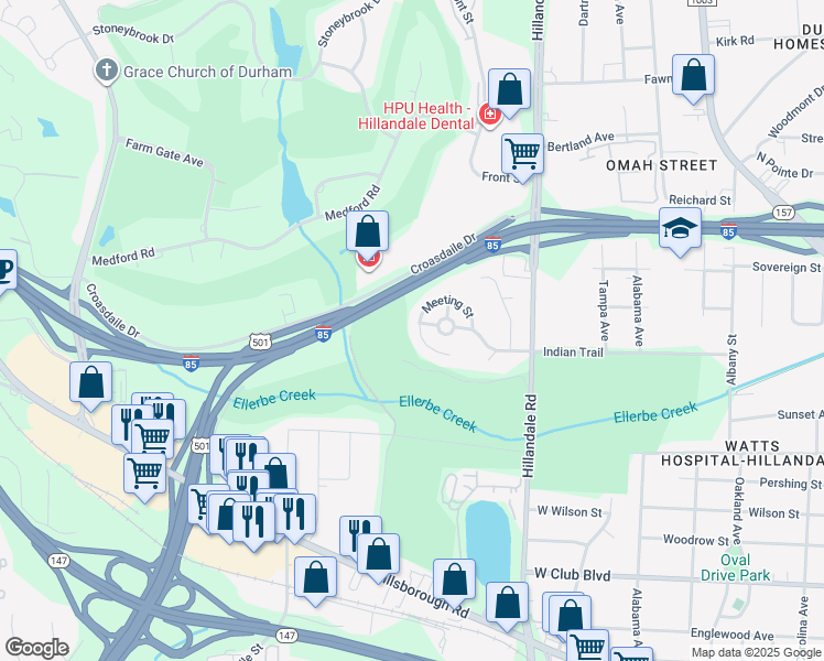 map of restaurants, bars, coffee shops, grocery stores, and more near 1904 Meeting Street in Durham