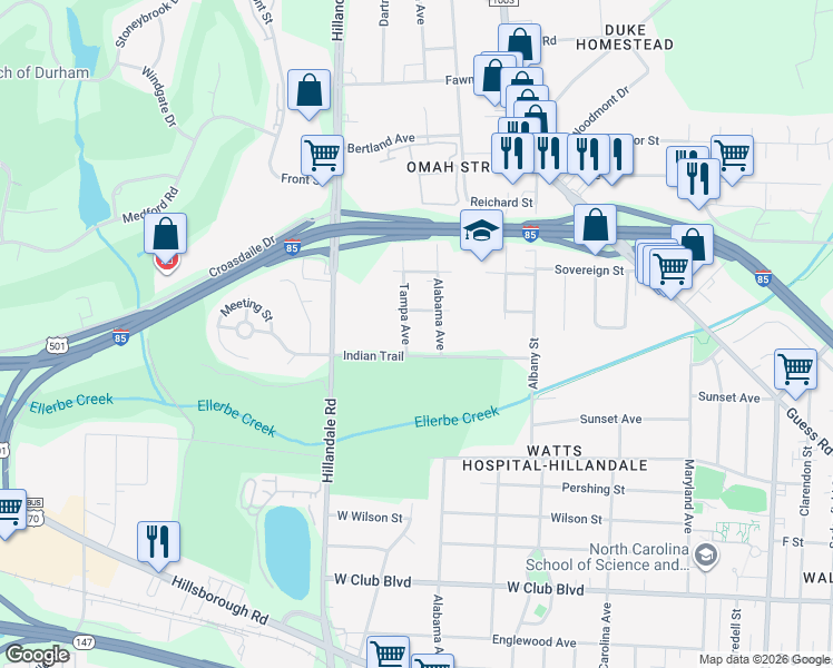 map of restaurants, bars, coffee shops, grocery stores, and more near 2210 Tampa Avenue in Durham