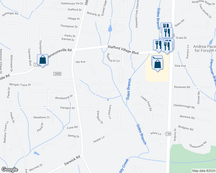 map of restaurants, bars, coffee shops, grocery stores, and more near 232 Stone Moss Lane in Winston-Salem