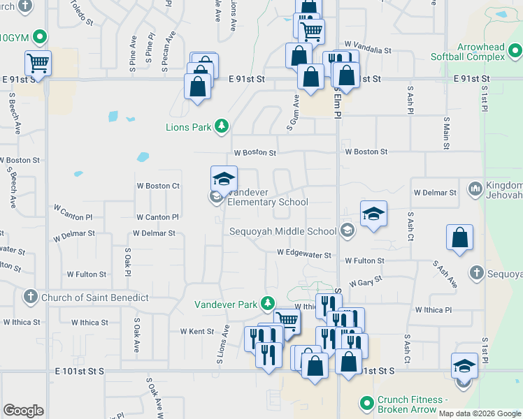 map of restaurants, bars, coffee shops, grocery stores, and more near 2305 South Juniper Avenue in Broken Arrow