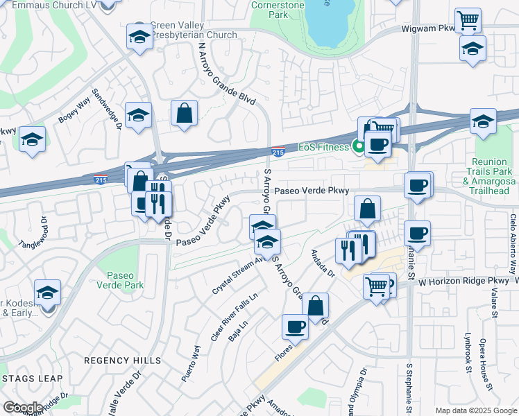 map of restaurants, bars, coffee shops, grocery stores, and more near 75 Graythorn Mountain Court in Henderson