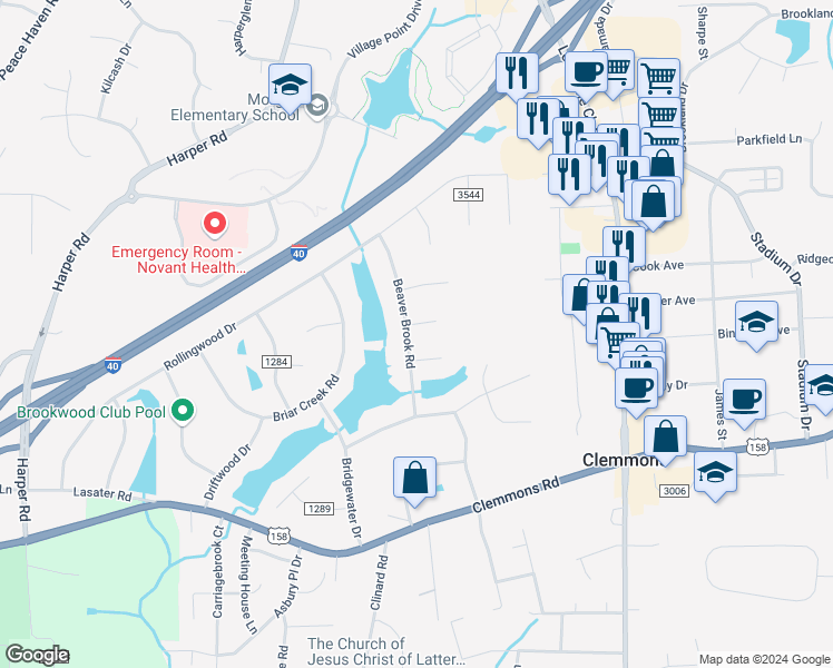 map of restaurants, bars, coffee shops, grocery stores, and more near 4057 Beaver Brook Road in Clemmons