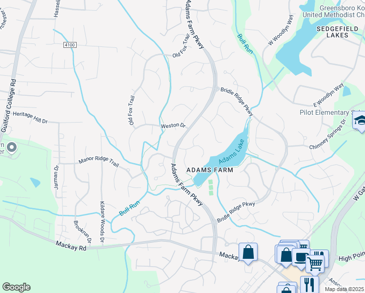 map of restaurants, bars, coffee shops, grocery stores, and more near 5405 Brandermill Court in Greensboro