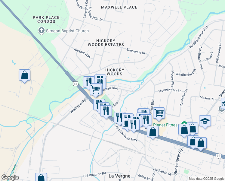 map of restaurants, bars, coffee shops, grocery stores, and more near 4036 Nir Shreibman Boulevard in La Vergne