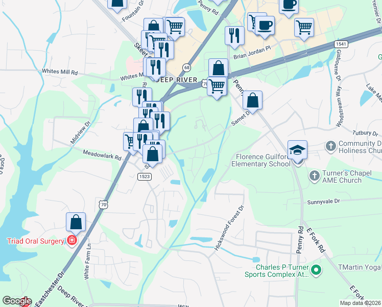 map of restaurants, bars, coffee shops, grocery stores, and more near 5010 Samet Drive in High Point
