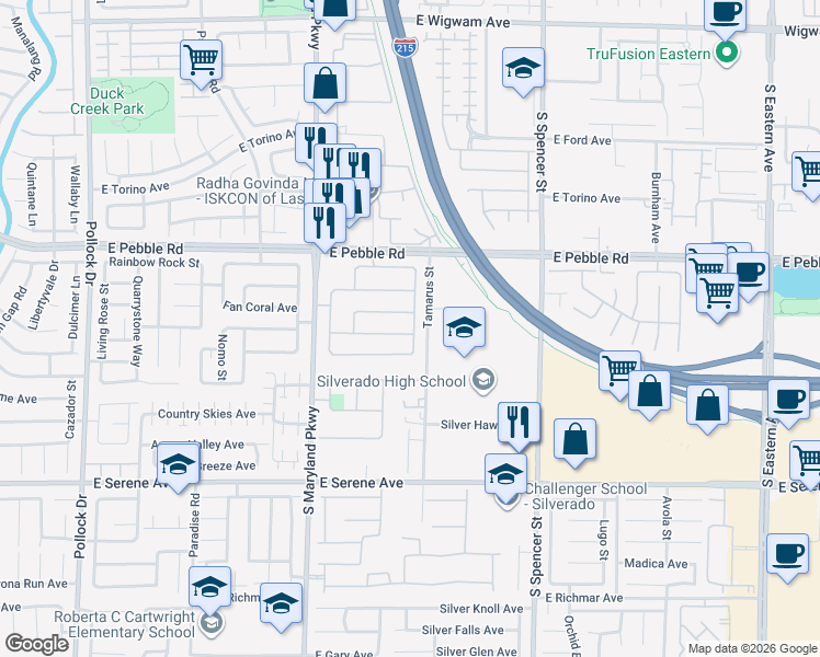 map of restaurants, bars, coffee shops, grocery stores, and more near 1460 Yeager Avenue in Las Vegas