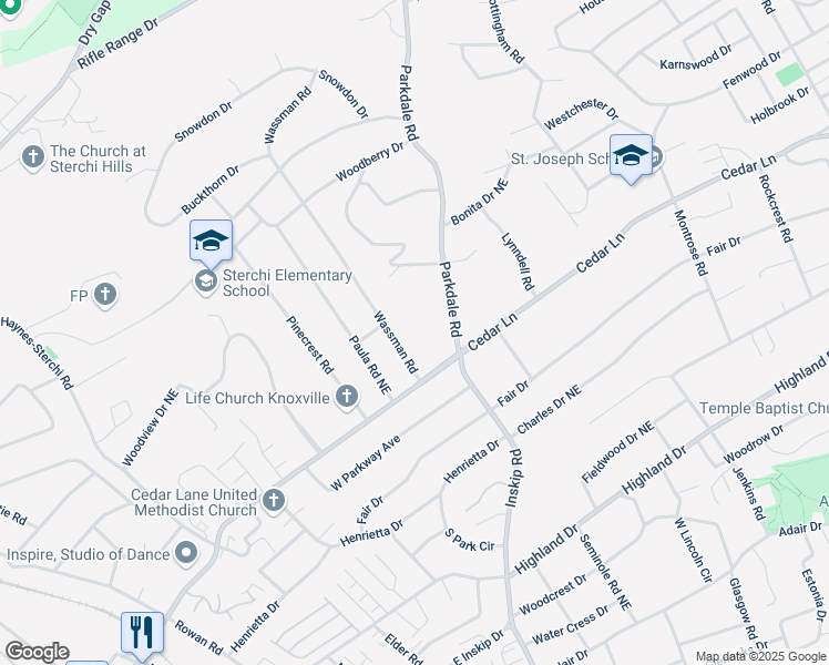 map of restaurants, bars, coffee shops, grocery stores, and more near 5408 Wassman Road in Knoxville