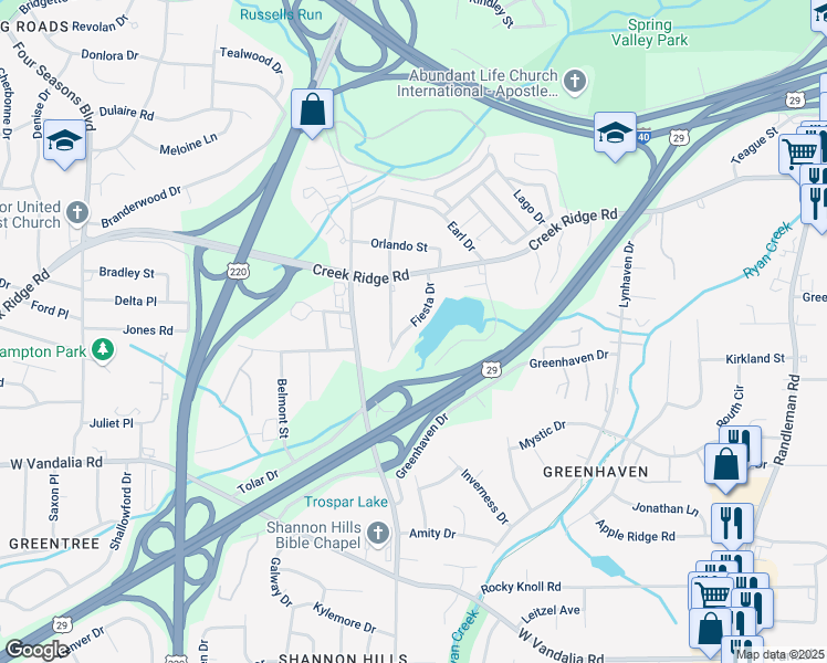 map of restaurants, bars, coffee shops, grocery stores, and more near 3523 Fiesta Drive in Greensboro