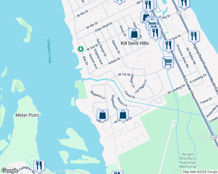 map of restaurants, bars, coffee shops, grocery stores, and more near 1608 Ketch Lane in Kill Devil Hills