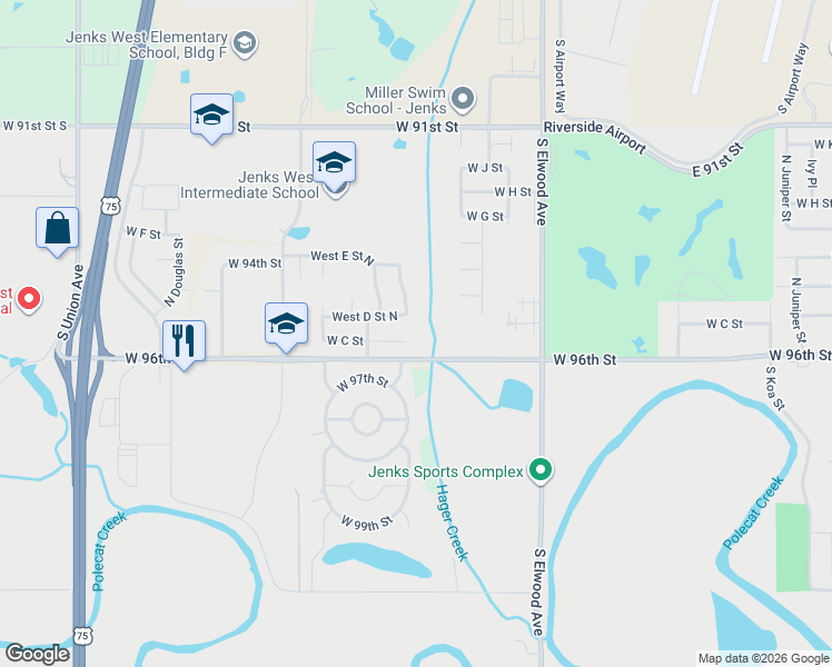 map of restaurants, bars, coffee shops, grocery stores, and more near 2301 W C St in Jenks
