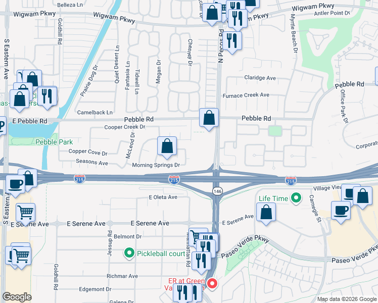 map of restaurants, bars, coffee shops, grocery stores, and more near 9024 Trombone Lane in Henderson