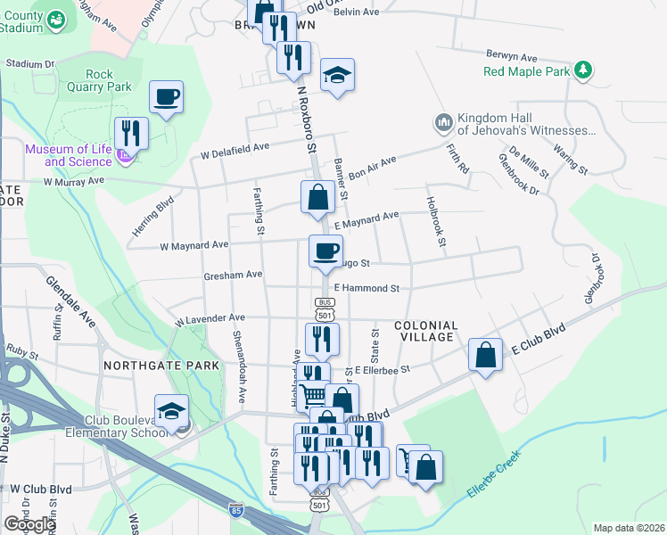 map of restaurants, bars, coffee shops, grocery stores, and more near 2712 North Roxboro Street in Durham