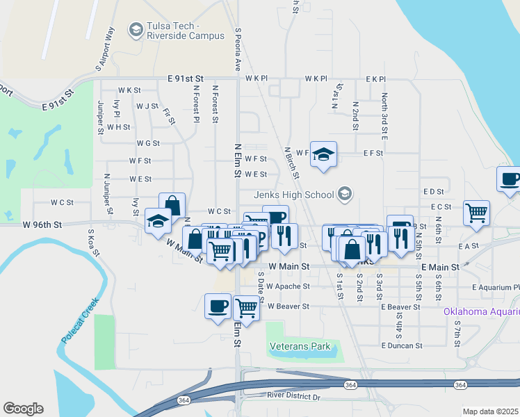map of restaurants, bars, coffee shops, grocery stores, and more near 506 West C Street in Jenks