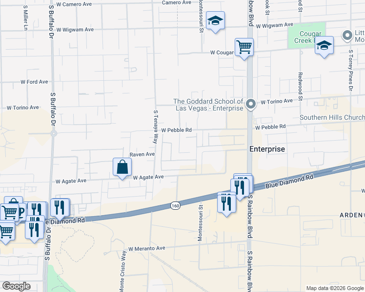 map of restaurants, bars, coffee shops, grocery stores, and more near 9000 South Belcastro Street in Las Vegas