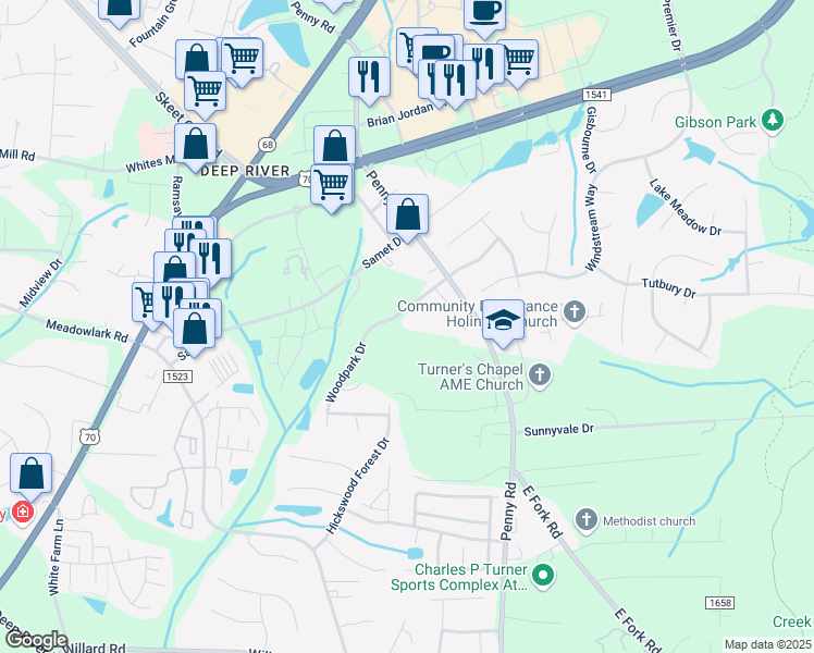 map of restaurants, bars, coffee shops, grocery stores, and more near 7813 Woodpark Drive in High Point