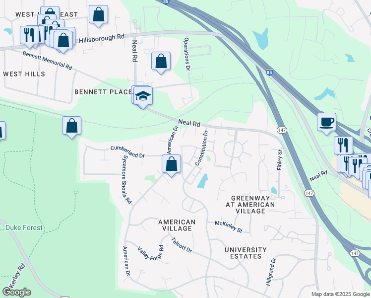 map of restaurants, bars, coffee shops, grocery stores, and more near 219 Mount Evans Drive in Durham