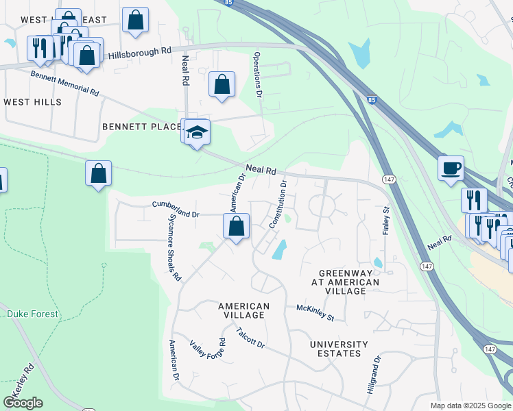 map of restaurants, bars, coffee shops, grocery stores, and more near 217 Mount Evans Drive in Durham