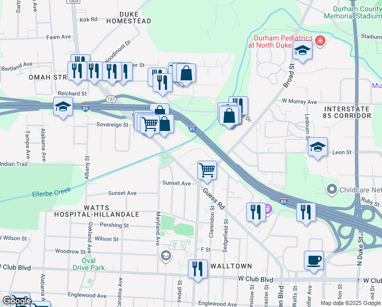 map of restaurants, bars, coffee shops, grocery stores, and more near 1833 Forest Road in Durham