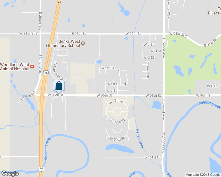 map of restaurants, bars, coffee shops, grocery stores, and more near 2415 West C Street in Jenks