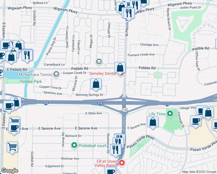 map of restaurants, bars, coffee shops, grocery stores, and more near 9017 South Pecos Road in Henderson