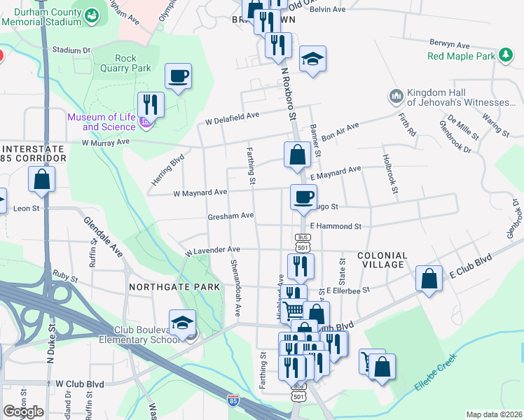 map of restaurants, bars, coffee shops, grocery stores, and more near 2702 Farthing Street in Durham