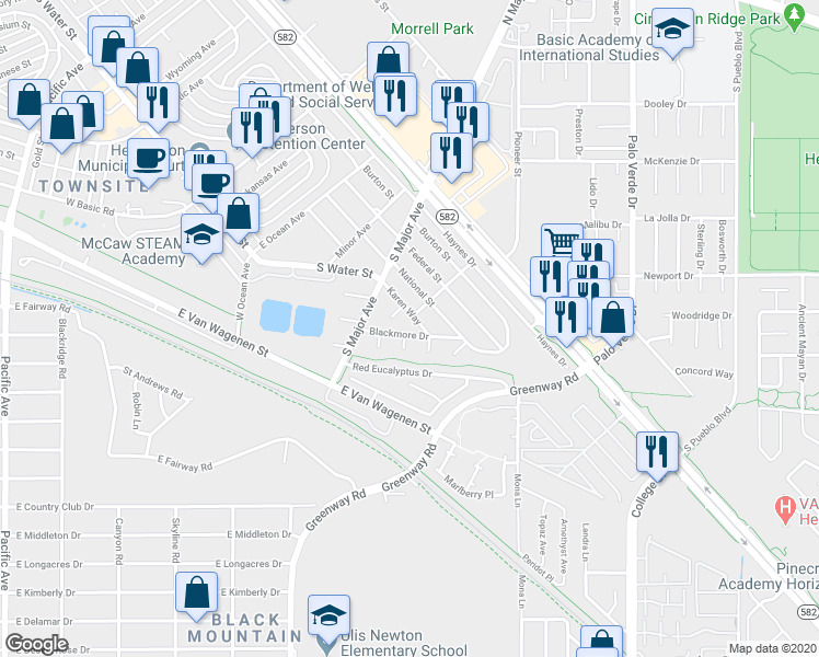 map of restaurants, bars, coffee shops, grocery stores, and more near 601 Blackmore Drive in Henderson